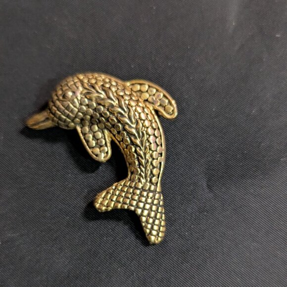 Vintage Brass Dolphin Brooch Pin Textured Finish 2"  Nautical Charm Accessory - Picture 3 of 5